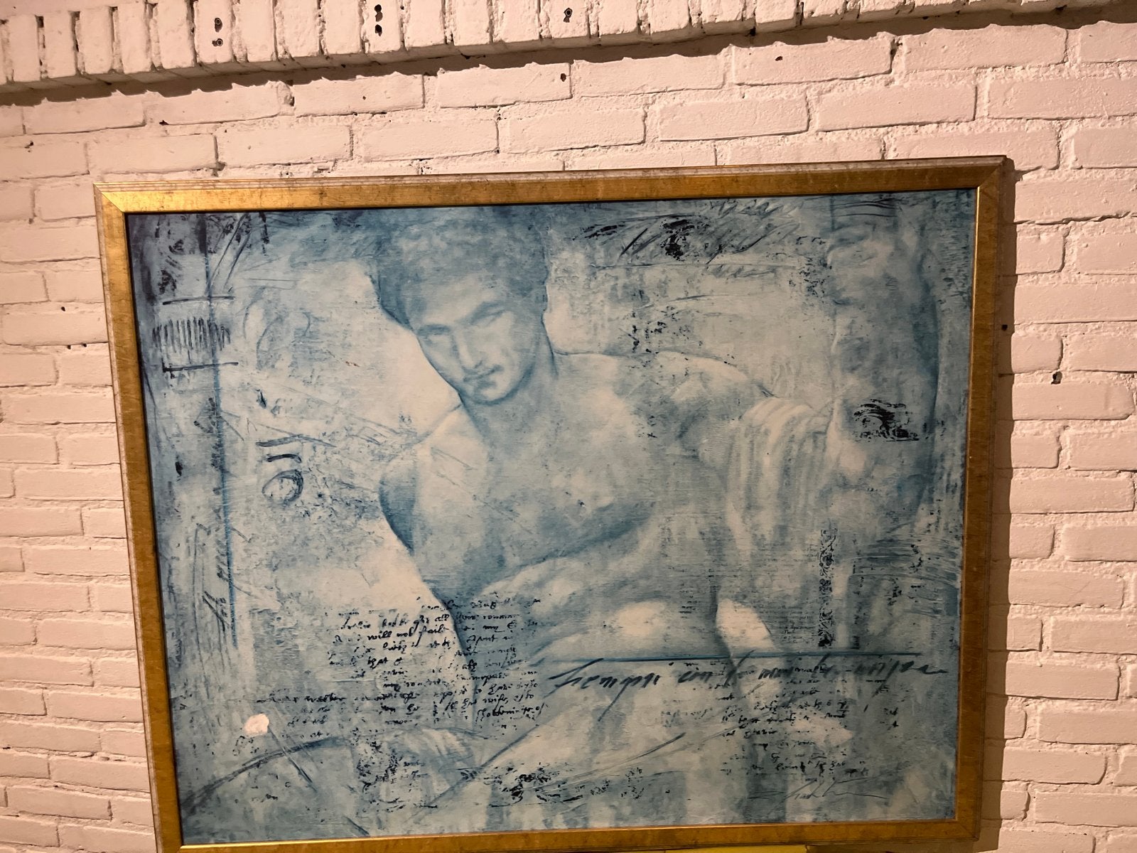 Modern schilderij met klassieke figuur en tekst, Portret of Personen, Ophalen of Verzenden, Handgeschilderd, Gemengde techniek