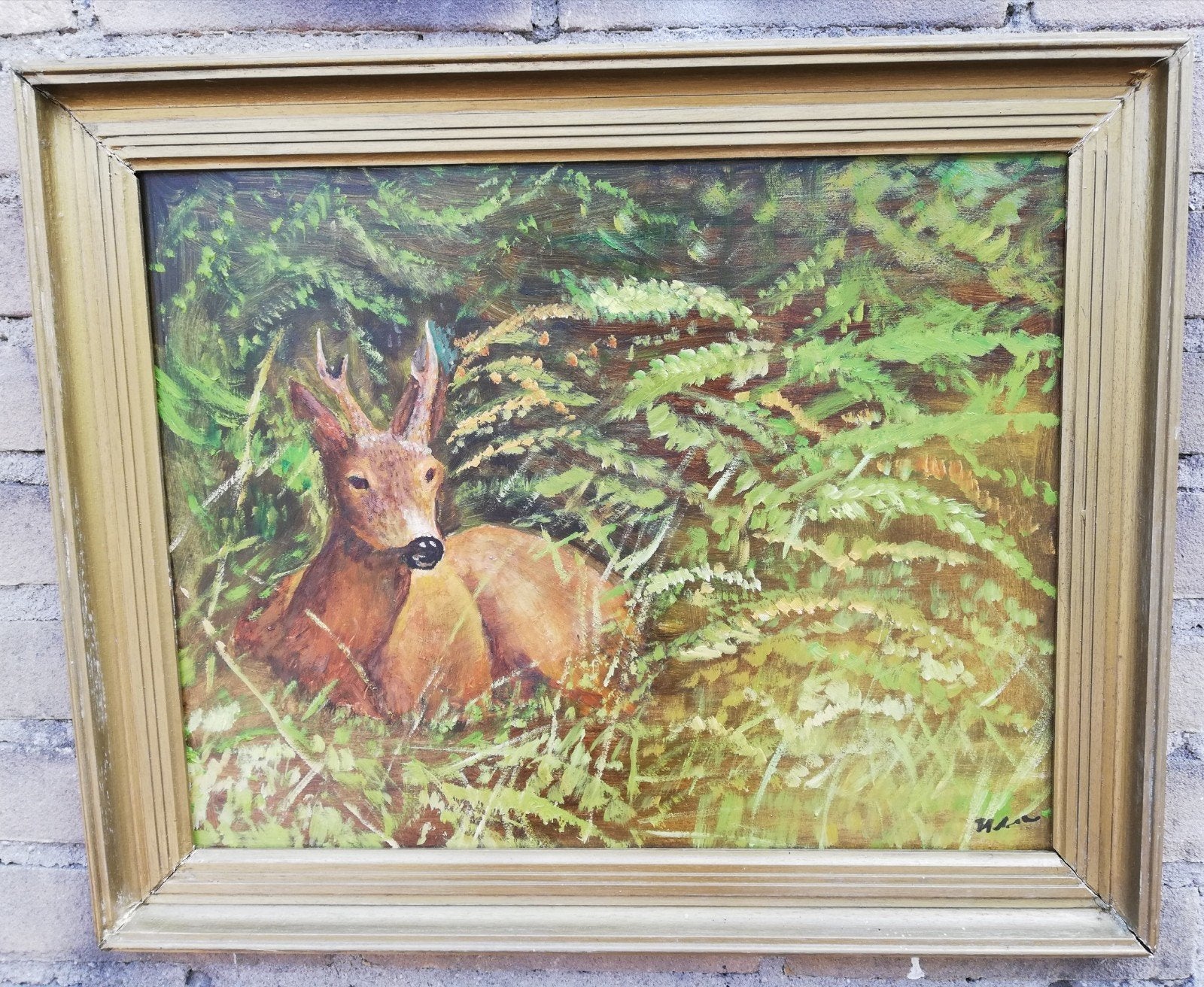 Hert verscholen in het groen. Olie/paneel. 50/41 cm., Ophalen
