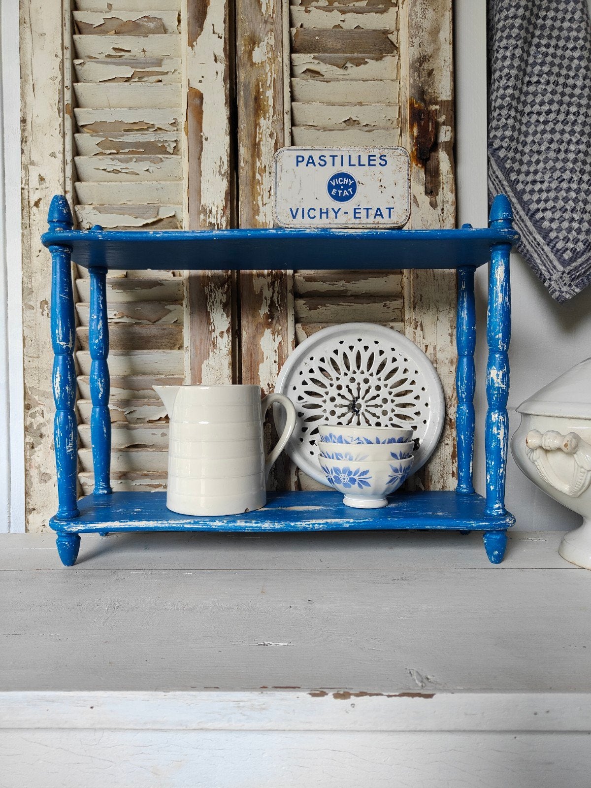 Oud Franse blauw houten etagère rek, Ophalen of Verzenden, Gebruikt