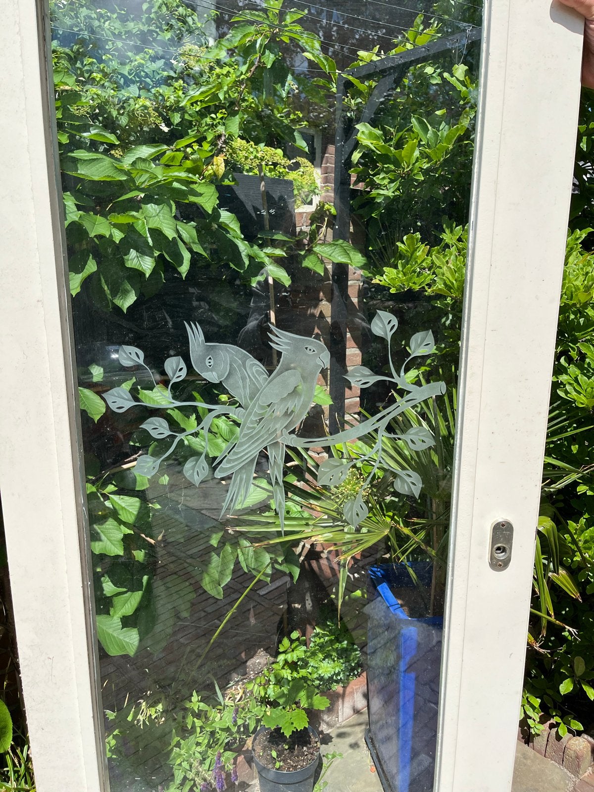 Opdekdeur met glas en vogelmotief 83x199 cm, Ophalen, Gebruikt, 80 tot 100 cm, Binnendeur