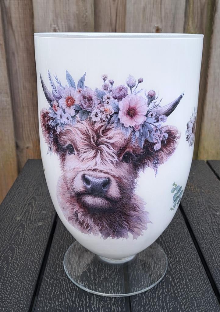 Decopage vaas met Schotse Hooglander, Ophalen, Wit, Nieuw, Glas