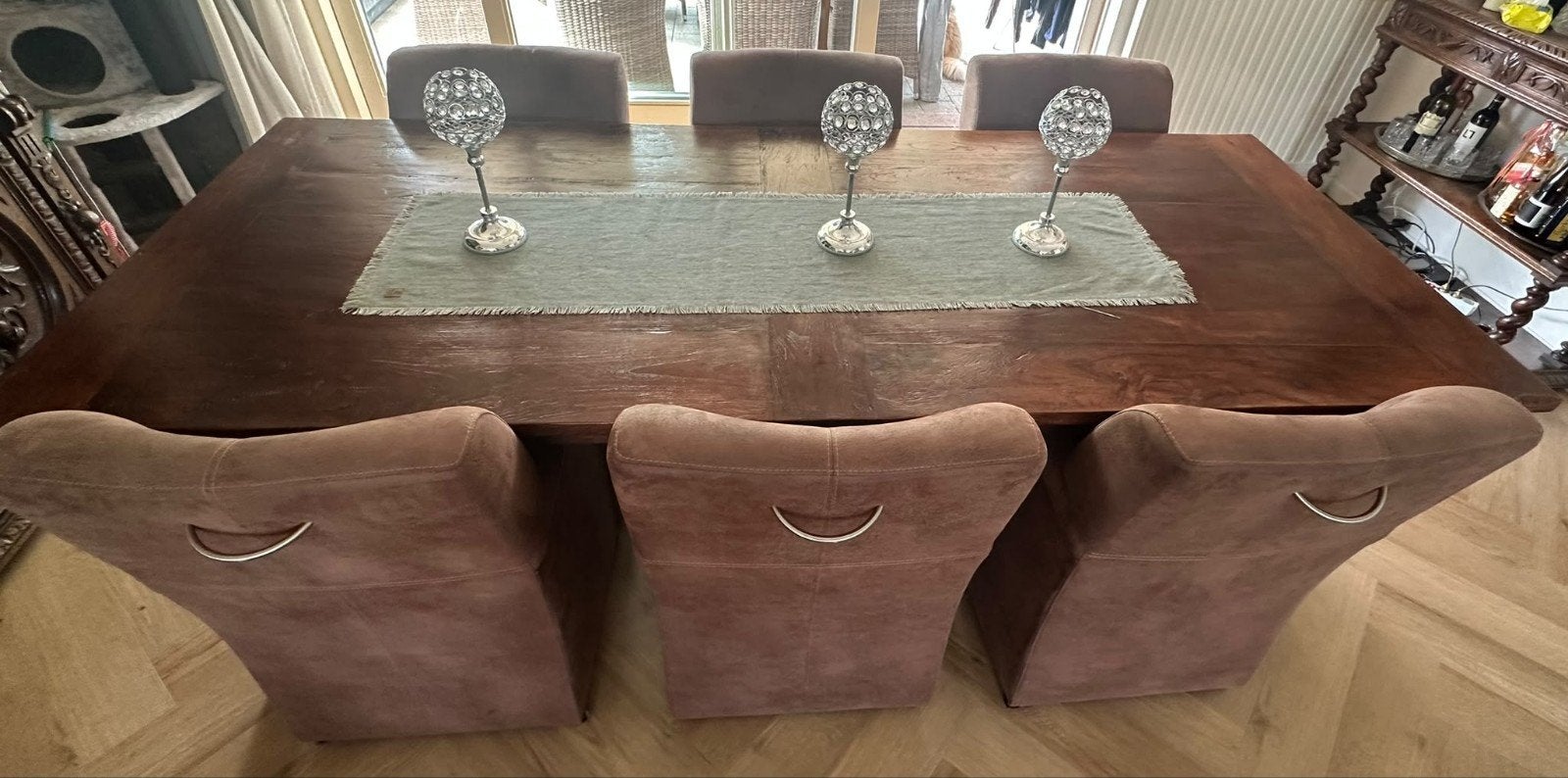 Robuuste eiken eettafel (240x100) met 6 nubuck stoelen, Ophalen, Gebruikt, 200 cm of meer, 50 tot 100 cm