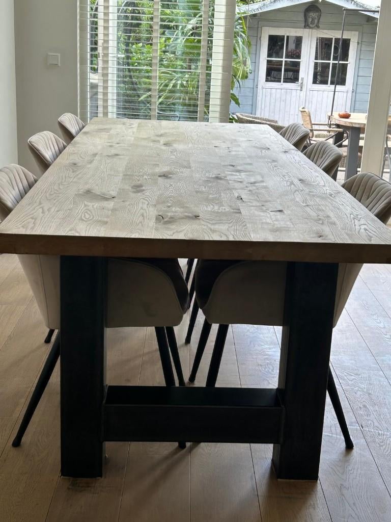 Grote industriële eettafel 260x100 cm – massief eiken blad, Huis en Inrichting, Tafels | Eettafels, Ophalen, Gebruikt, Eikenhout