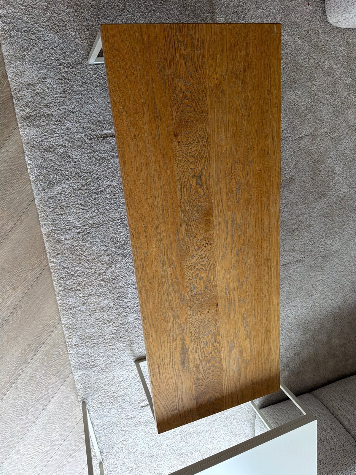 Salontafel met eikenhouten blad en wit metalen frame, Huis en Inrichting, Ophalen, 50 – 75, 100 tot 150 cm, Eikenhout