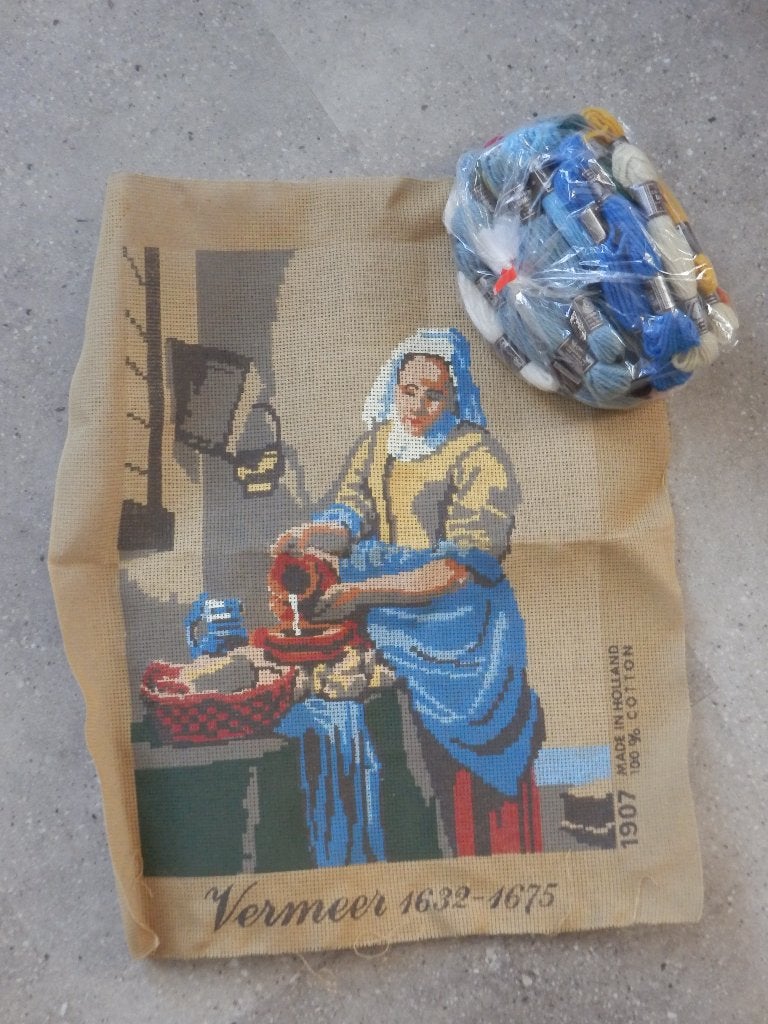Compleet, nieuw. Vintage borduurpakket ´melkmeisje´ Vermeer, Hobby en Vrije tijd, Ophalen of Verzenden, Nieuw, Handborduren, Borduurpakket