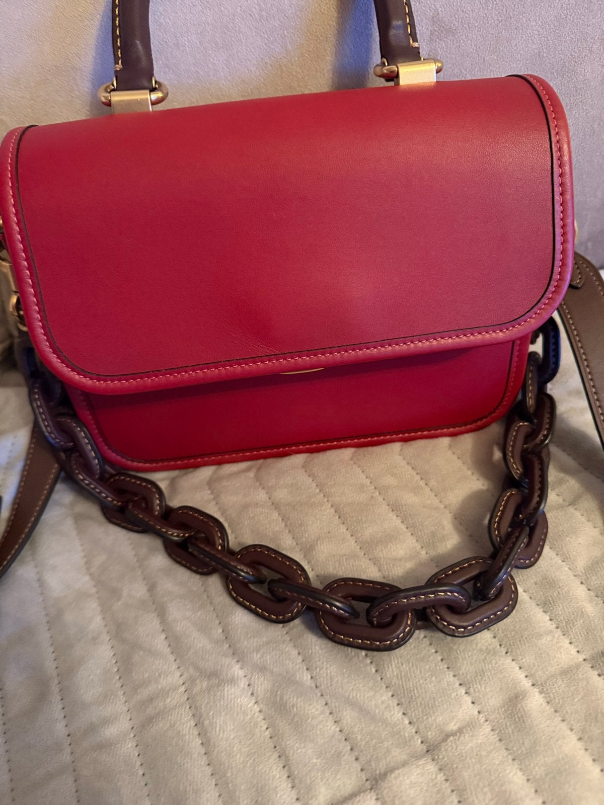 Coach handtas rood met bruine details en ketting, Ophalen of Verzenden, Zo goed als nieuw, Rood, Handtas