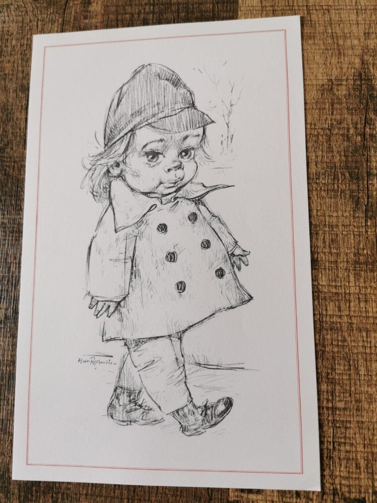 Prent nostalgisch meisje met regenjas 20 x 32 cm, Ophalen of Verzenden, Nieuw, Minder dan 50 cm, Print