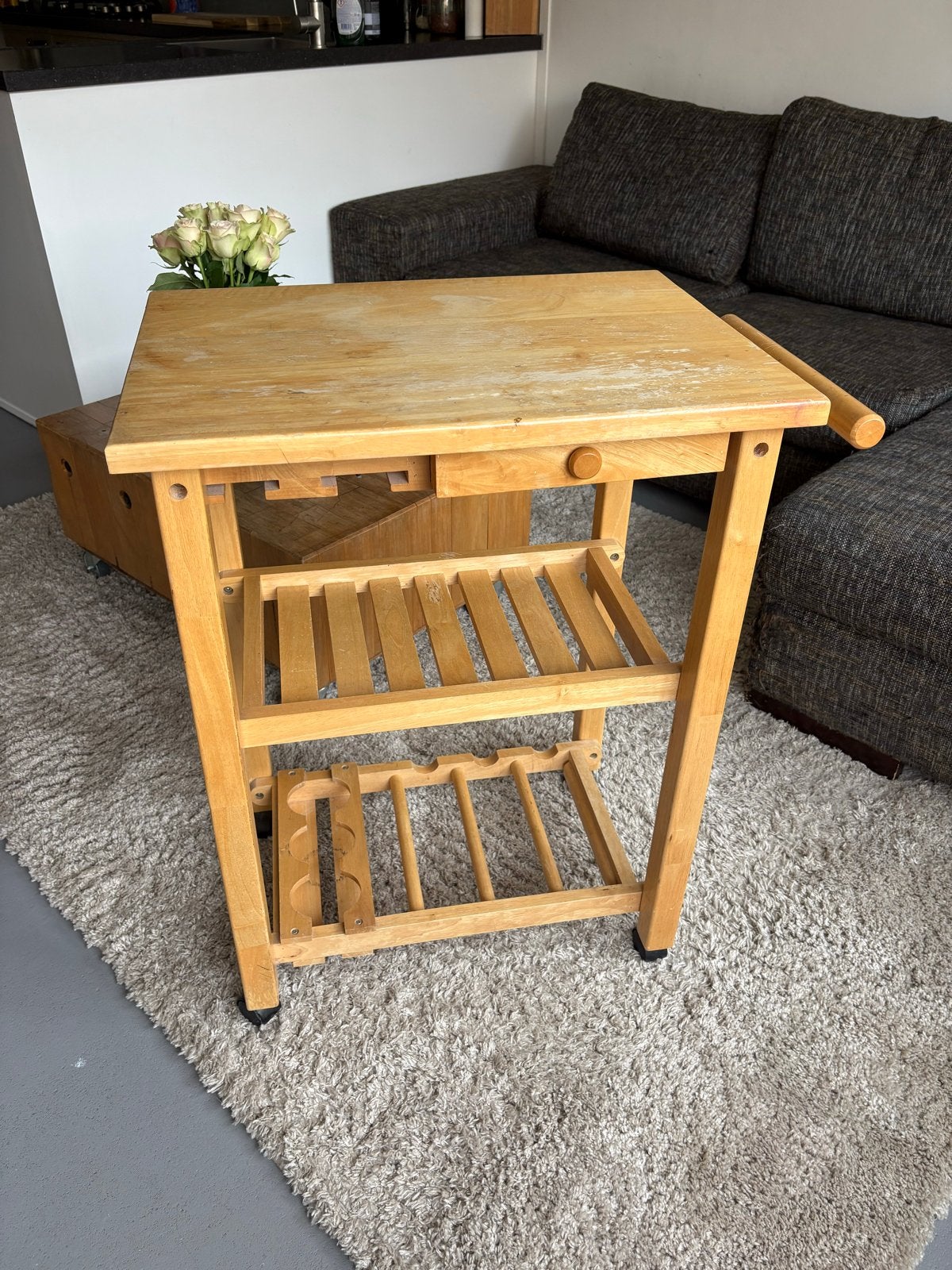 Houten keukentrolley met lade en flessenrek, Huis en Inrichting, Keuken | Keukenbenodigdheden, Ophalen, Gebruikt, Hout, Keukentrolley