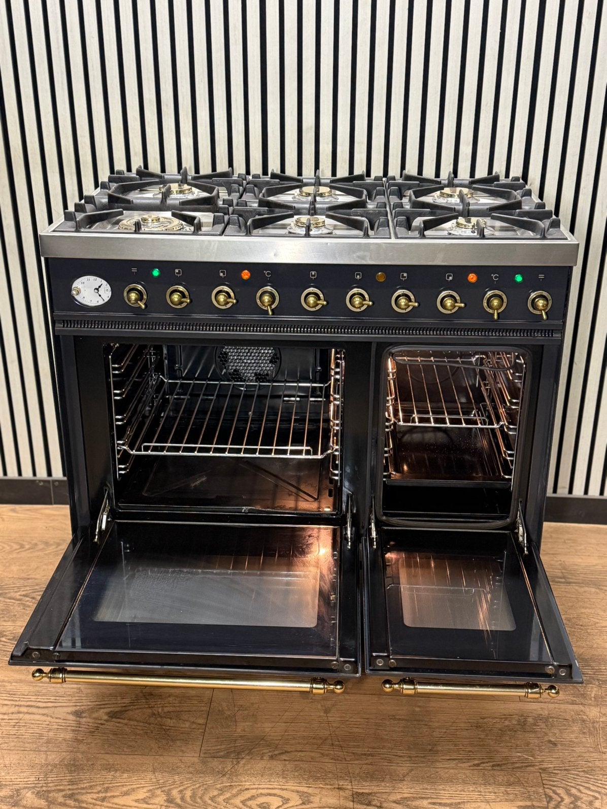 Luxe Boretti Fornuis 6 pits antraciet/messing 2 ovens 90 cm, Fornello Esperta, Ophalen of Verzenden, Zo goed als nieuw, Energieklasse A of zuiniger