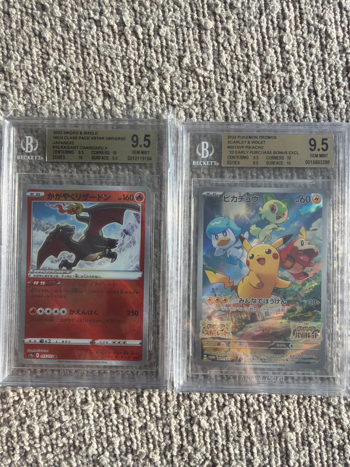 2x Graded Pokémon Kaarten BGS 9.5 Gem Mint Charizard & Pikac, Ophalen of Verzenden, Zo goed als nieuw, Meerdere kaarten