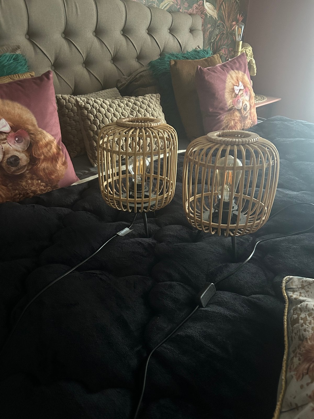 Set van 2 Nachtlampjes met Zwarte Poten en Bamboe Frame, Meerkleurig, Nachtlamp, Ophalen of Verzenden, Zo goed als nieuw
