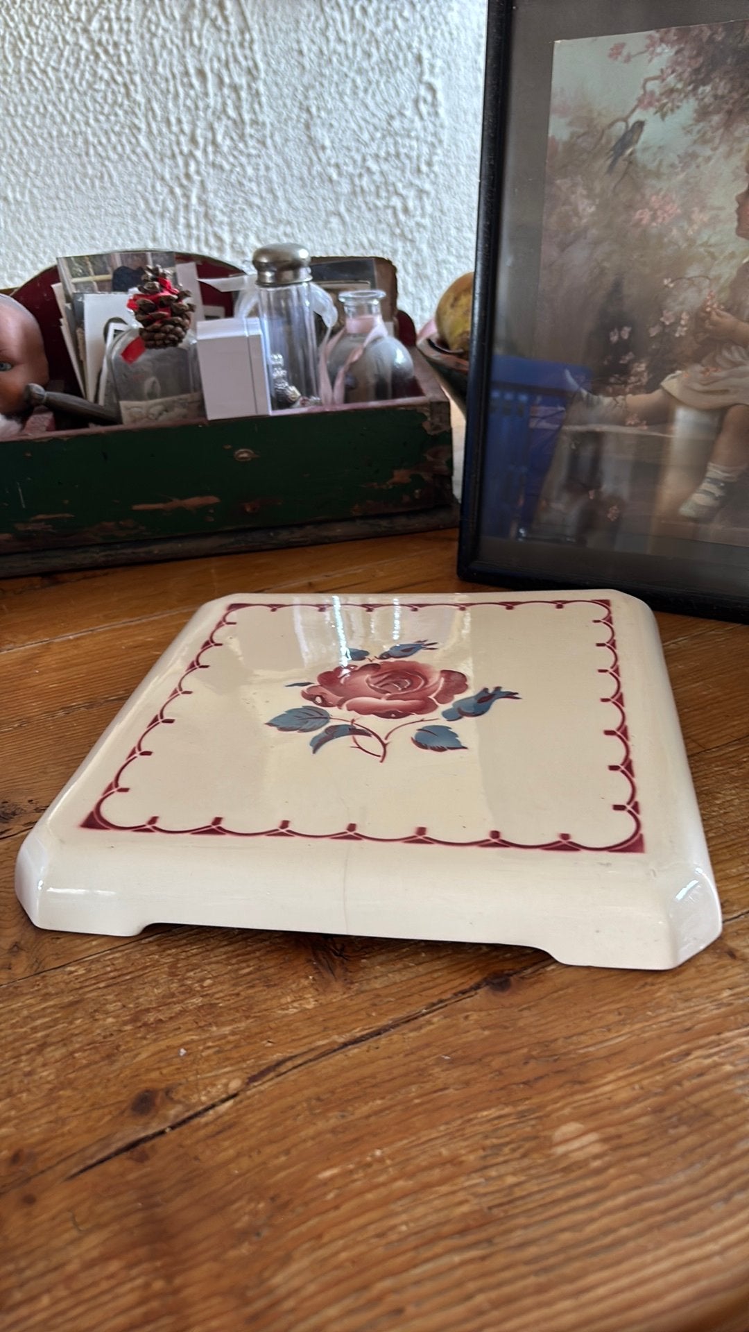 Brocante Franse onderzetter met roosmotief, 24x24cm, Ophalen of Verzenden