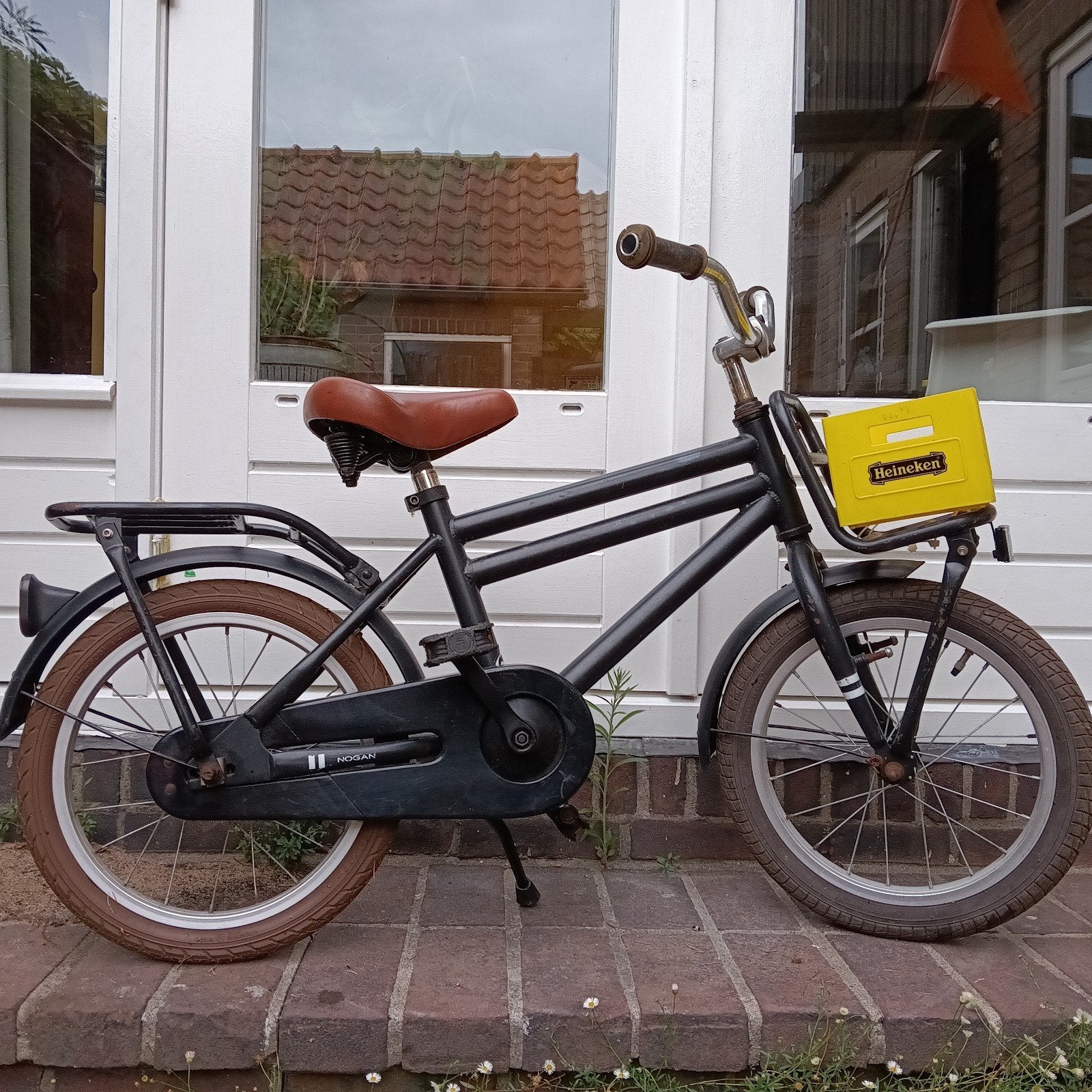 Kinderfiets cargo 16 inch zwart met Heineken kratje, 16 inch, Ophalen, Terugtraprem, Onbekend, 16 tot 20 inch