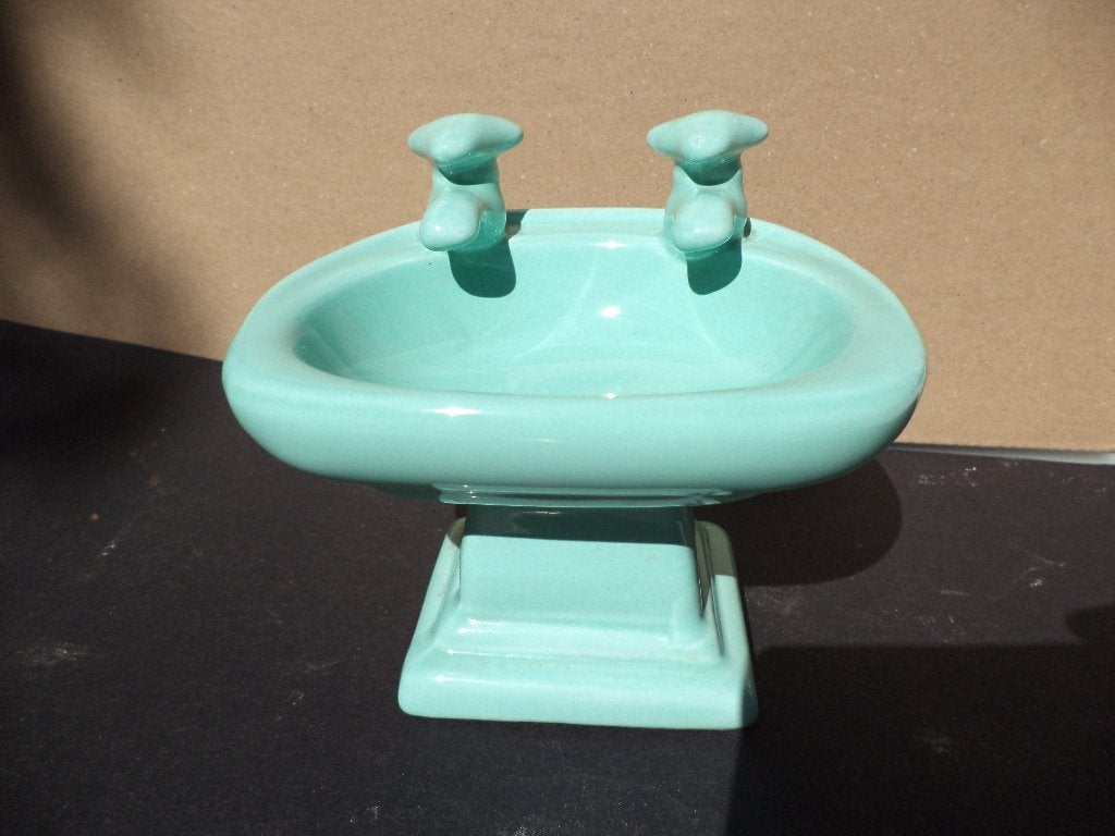 VTG miniatuur porselein lavabo mintgreen glaze vitrine item, Antiek en Kunst, Ophalen of Verzenden