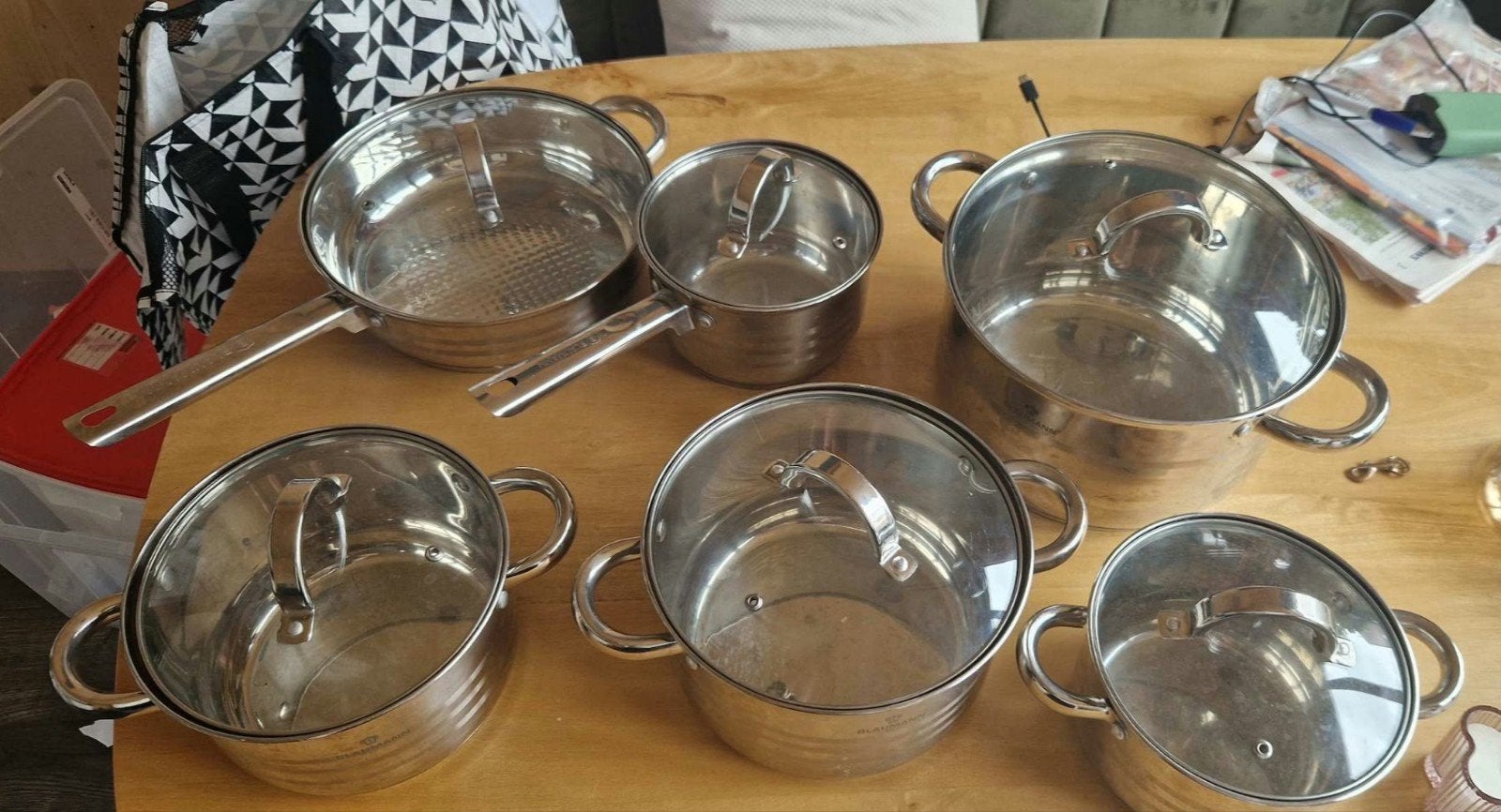 Pannenset Blaumann zonder steelpan, Gebruikt, Met deksel, Pannenset, Ophalen of Verzenden