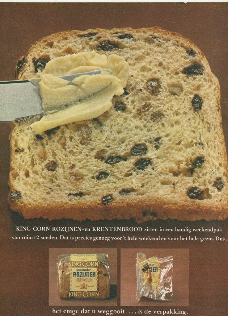 Retro reclame 1968 King Corn krentenbrood in weekendpak, Verzamelen, Verzenden, Overige typen