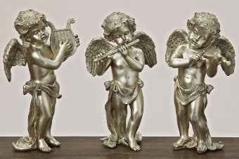 Mooie zilverkleurige engelen met harp, viool, dwarsfluit, Ophalen of Verzenden, Nieuw, Zilver, Kunststof