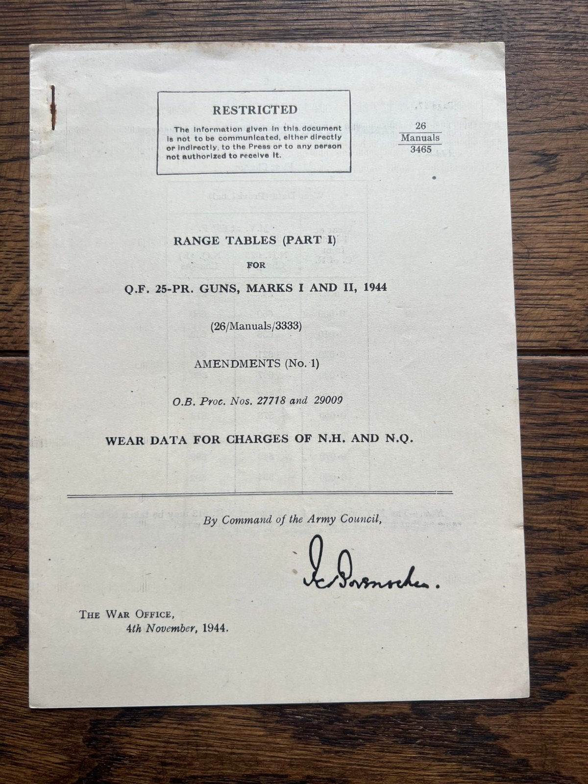 WO2 Brits 25 Ponder schootstafels granaat munitie 1944, Verzamelen, Verzenden, Engeland
