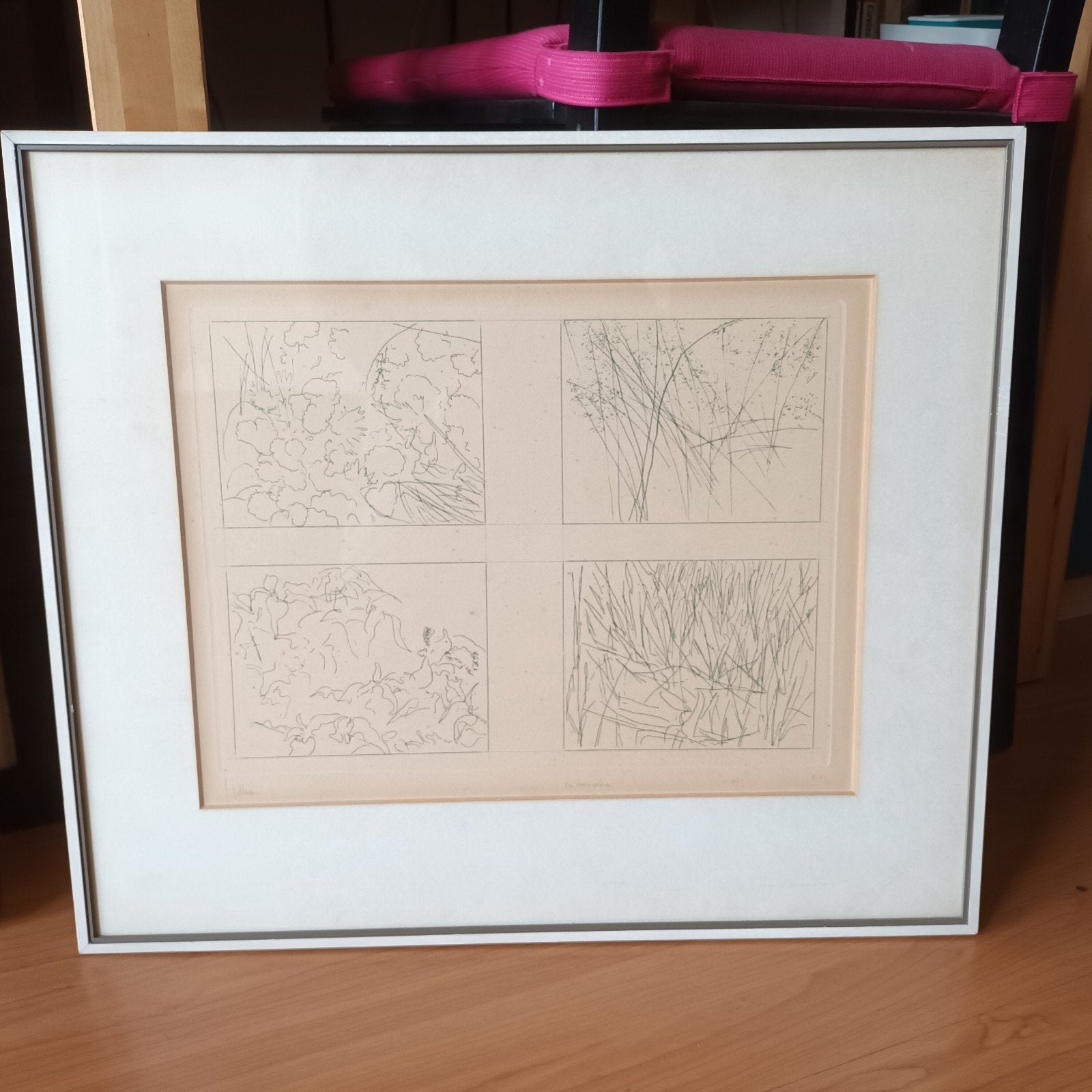 Ets, vegetatie, vier luik, gesigneerd in potlood l.o., Ophalen of Verzenden