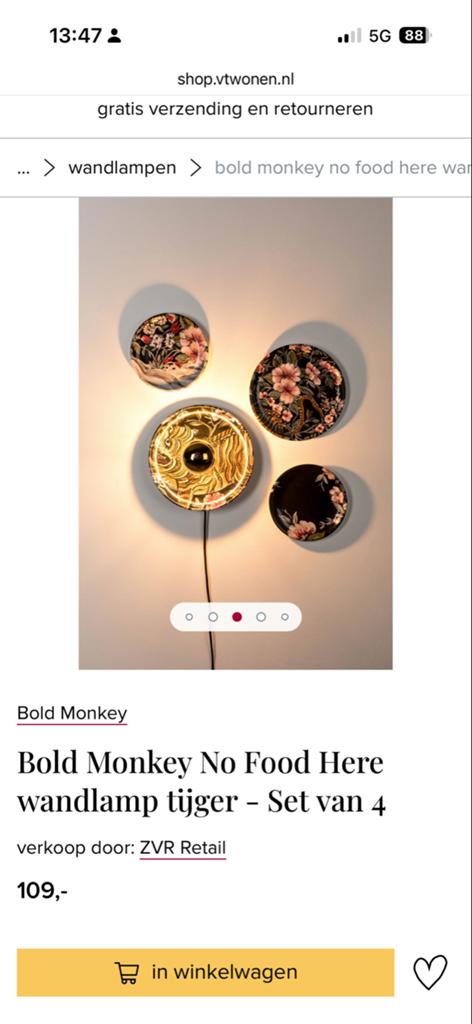 Bold Monkey No Food Here Wandlamp Set van 4, Ophalen of Verzenden, Nieuw