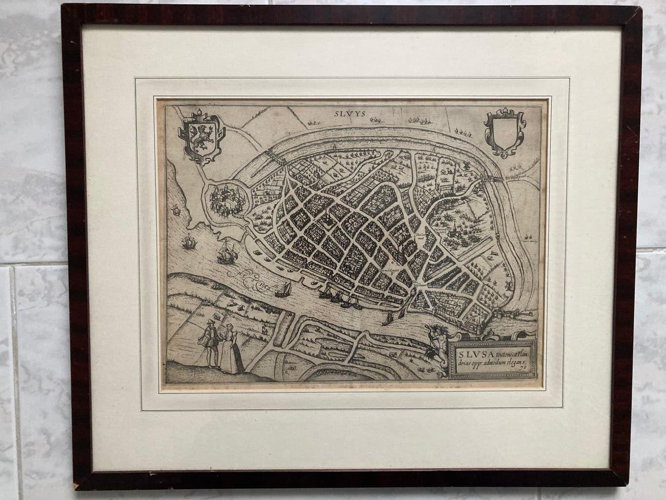 Slusa, Teutonicæ Flandriae opp. admodvm elegans, Sluis 1588., Antiek en Kunst, Cartografie, 29 cm, Ophalen of Verzenden, Gravure