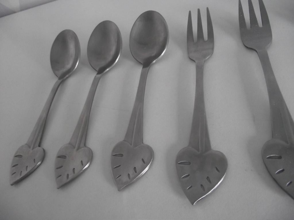 7 stuks RVS lepeltje vorkje 14 cm hart vorm blad per stuk, Ophalen of Verzenden, Zo goed als nieuw, Rvs of Chroom, Vaatwasserbestendig