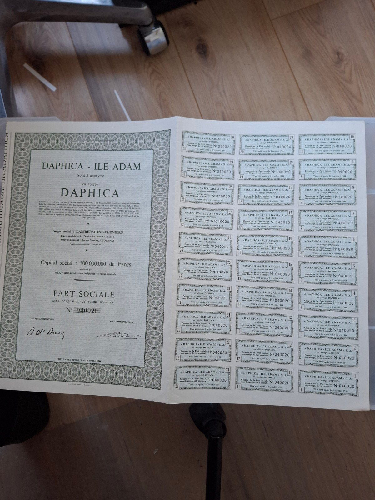 Historisch aandeel DAPHICA - ILE ADAM S.A. (1946), Ophalen of Verzenden, 1920 tot 1950, Aandeel