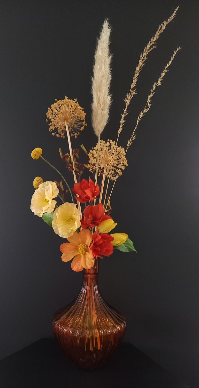 Kunst- en Droogbloemen gebonden boeket met oranje vaas H80cm, Ophalen, Nieuw