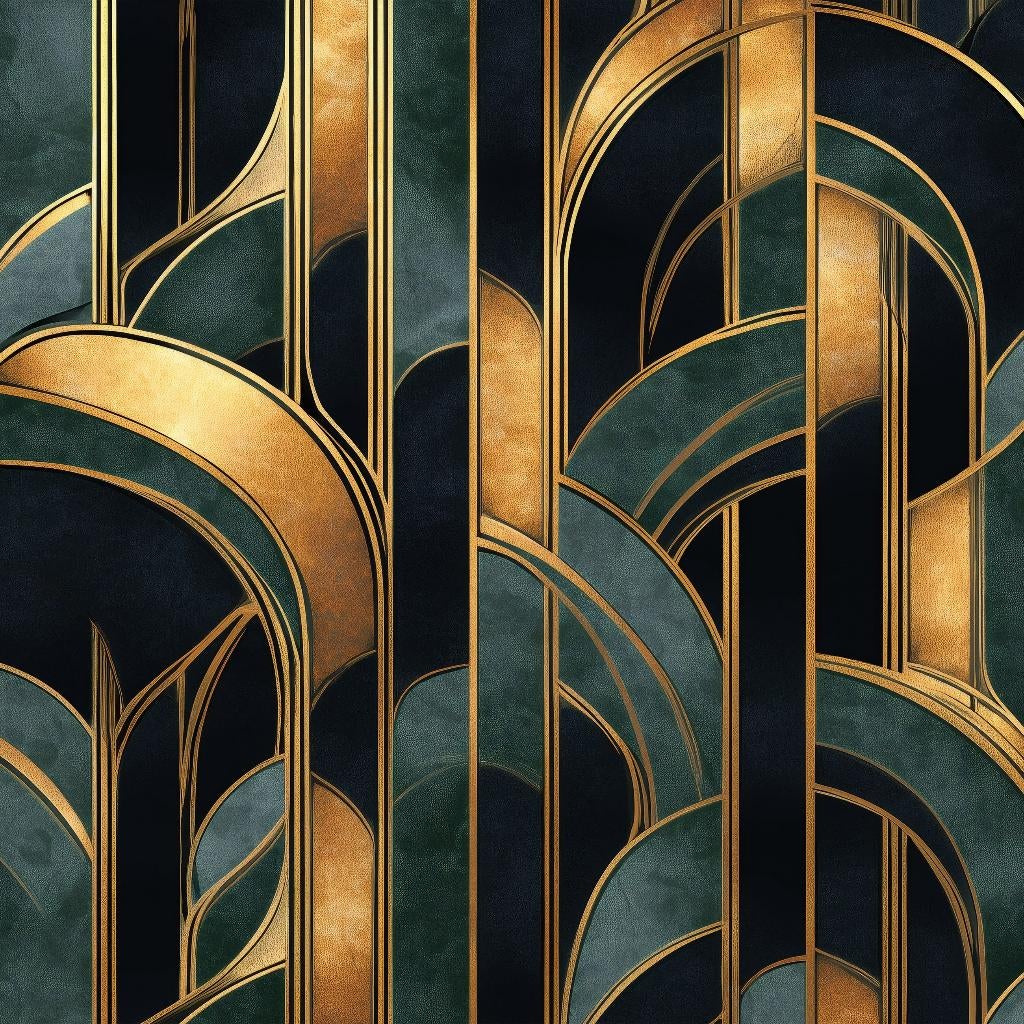 Art Deco behang - Donkergroen met Gouden Patronen, Op maat!, Verzenden, Minder dan 10 m², Groen, Art Deco, luxe behang, jaren 20, groen, goud