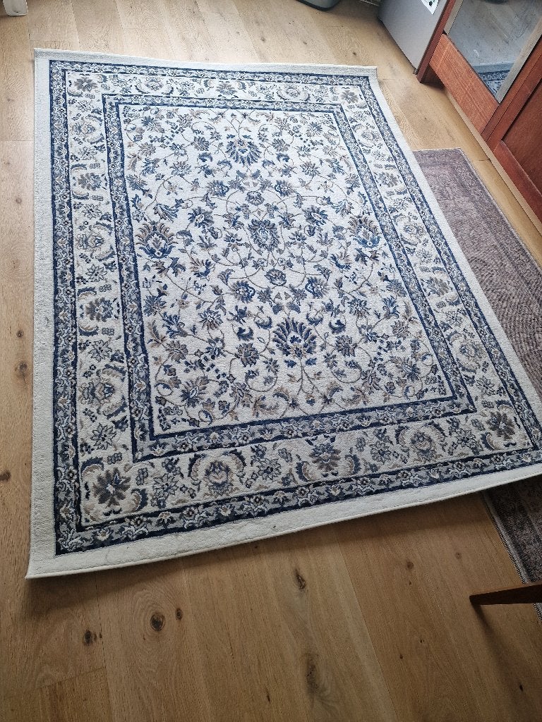 Valloby Perzisch tapijt - wit met blauw, Ophalen, Gebruikt, 150 tot 200 cm, 200 cm of meer
