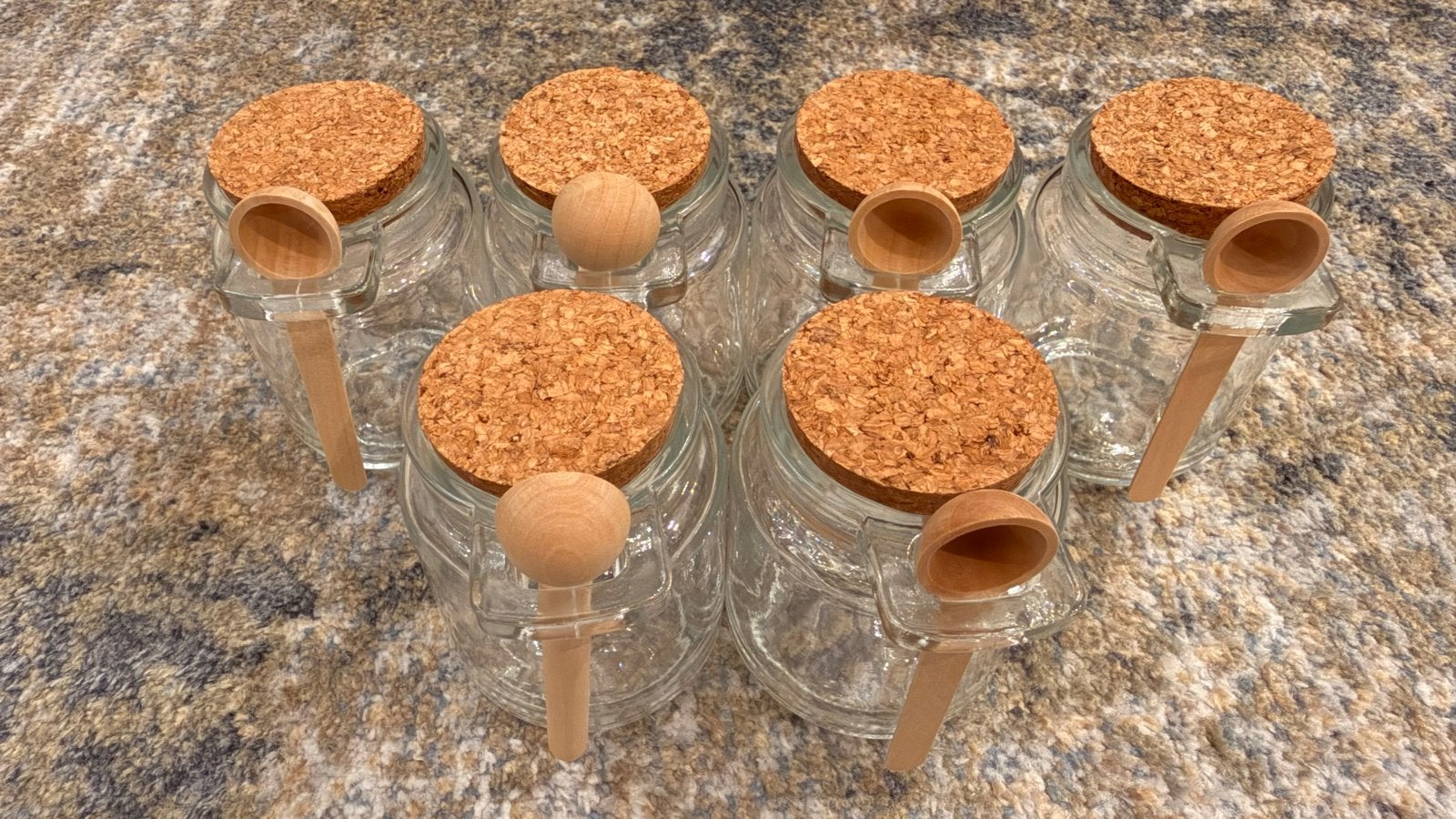 Set van 6 glazen potjes met kurk en houten lepels, Voorraadpot, Ophalen of Verzenden, Nieuw, Glas