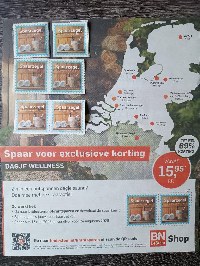 8 zegels voor korting sauna, wellness, verzending gratis, Eén persoon, Kortingsbon, Spa of Sauna