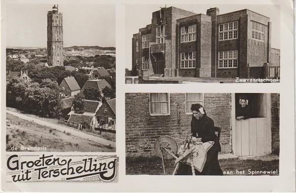 Groeten uit Terschelling 1949 o.a. spinnenwiel, Verzenden, 1940 tot 1960, Gelopen, Waddeneilanden