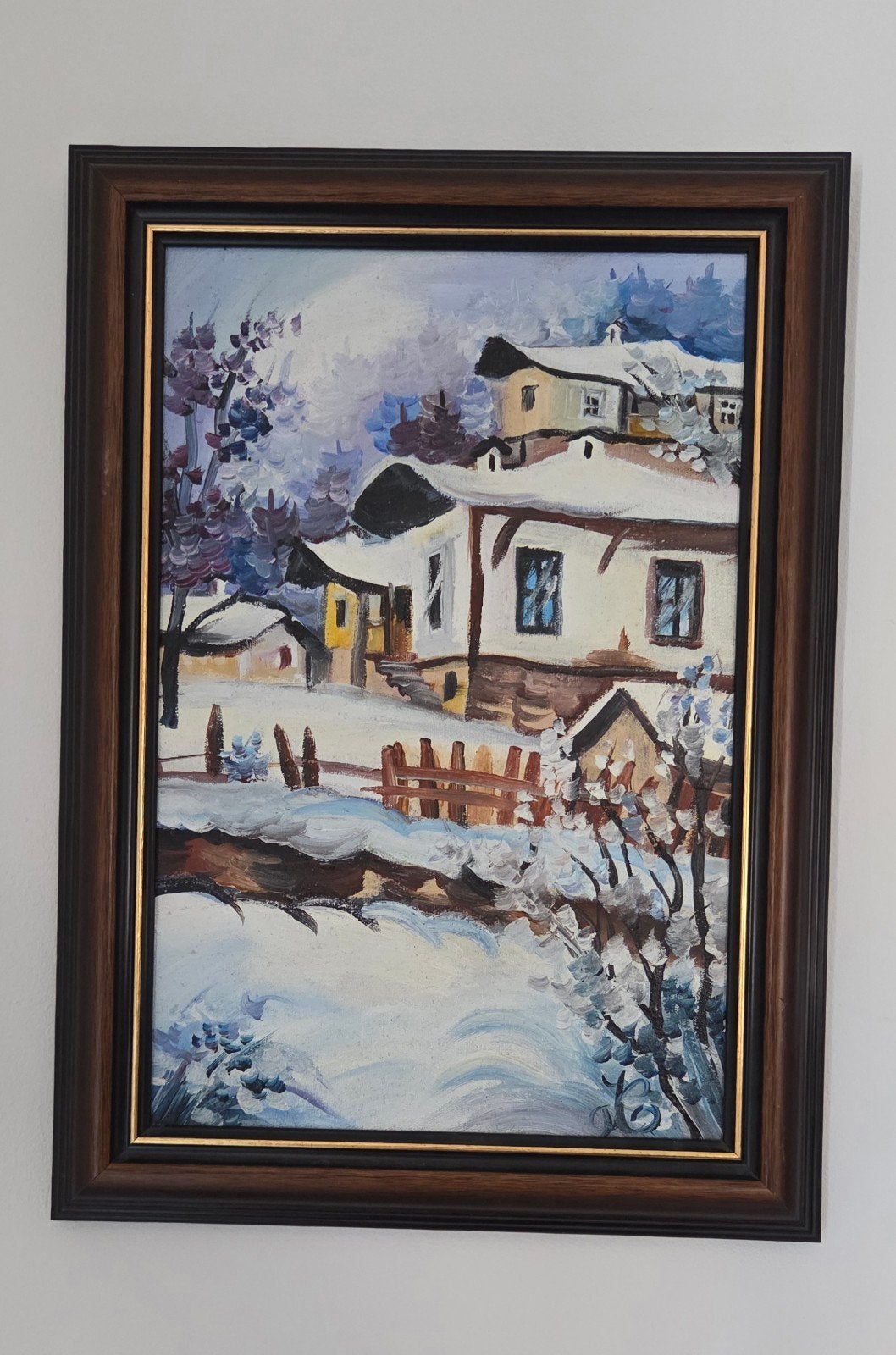 Schilderij Keti Georgieva - Winters Dorpsgezicht, Doek, Realistisch, Ophalen of Verzenden, Olieverf