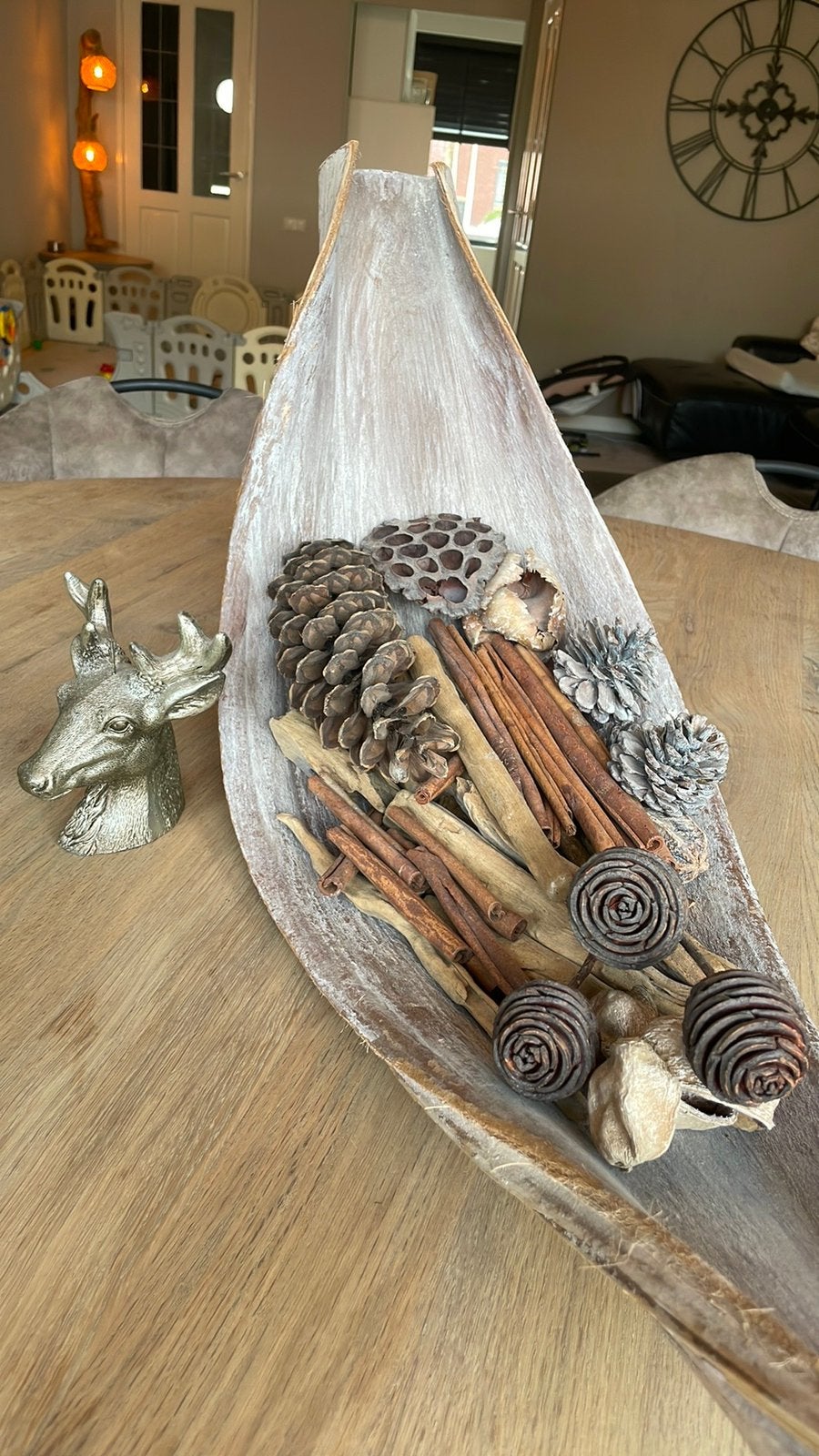 unieke decoratieve houten schaal boot droogbloemen landelijk, Ophalen, Hout, Zo goed als nieuw, 35 cm