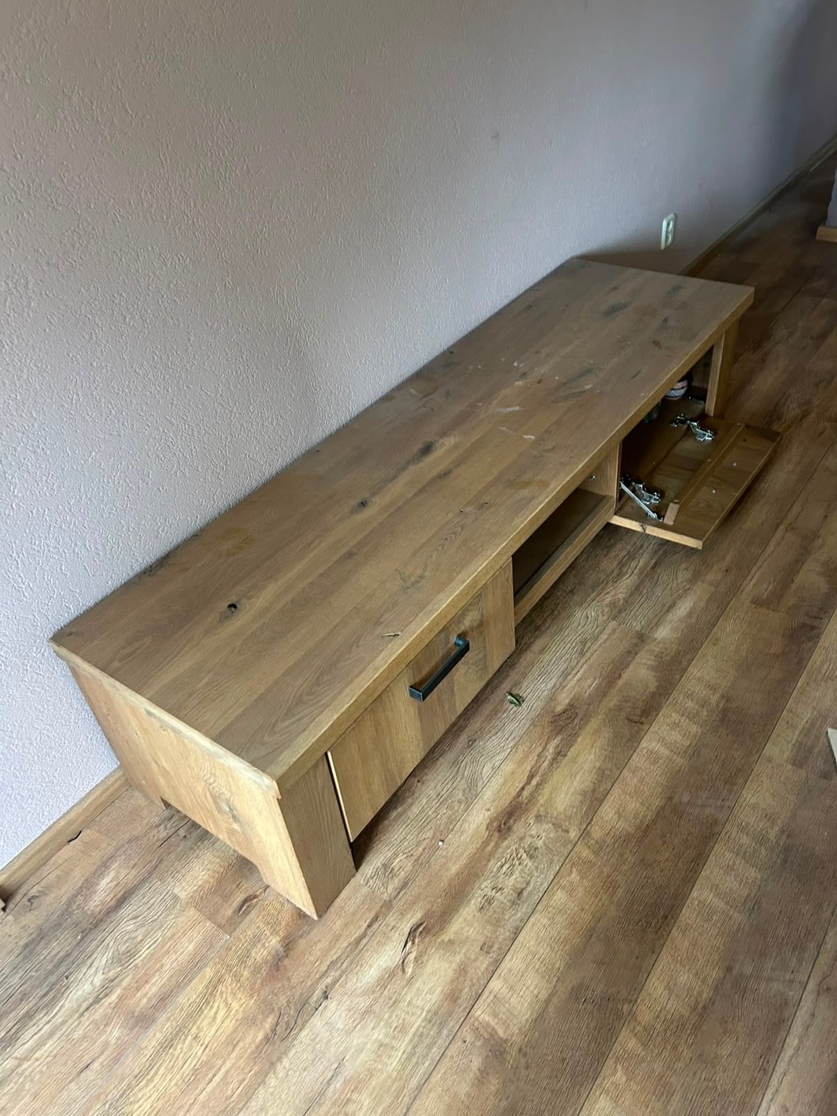 Massief eiken tv-meubel met opbergruimte, Ophalen, Gebruikt, 150 tot 200 cm, Eikenhout