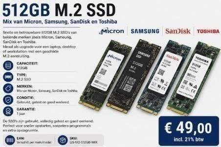 512GB M.2 SSD – Mix van Micron, Samsung, SanDisk en Toshiba, Computers en Software, Intern, Gebruikt, Mix, 512GB