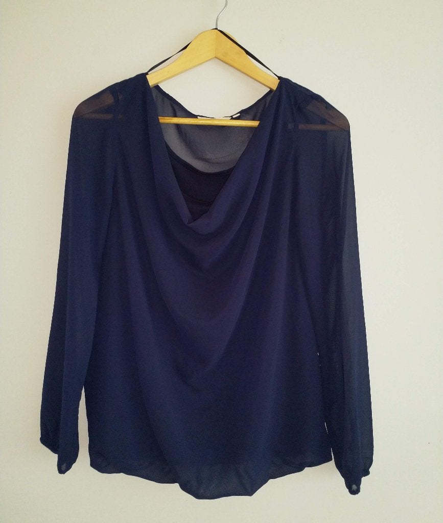 Miss Etam semi transparant blauw shirt (maat 36), Blauw, Ophalen of Verzenden, Zo goed als nieuw, Lange mouw