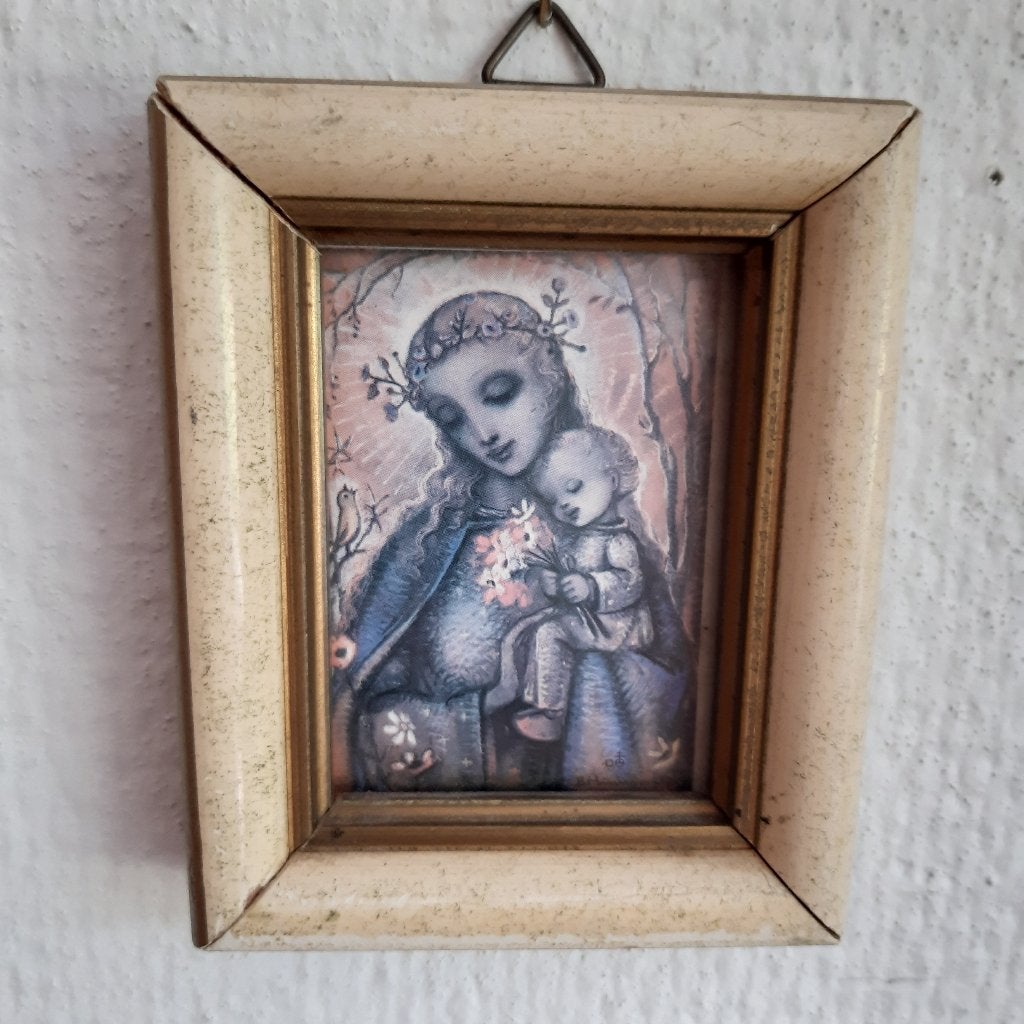 Vintage B.Hümmel prentje in mooi lijstje, 9x7 cm. 1950/1960, Ophalen of Verzenden, Gebruikt, Kaart of Prent, Christendom | Katholiek