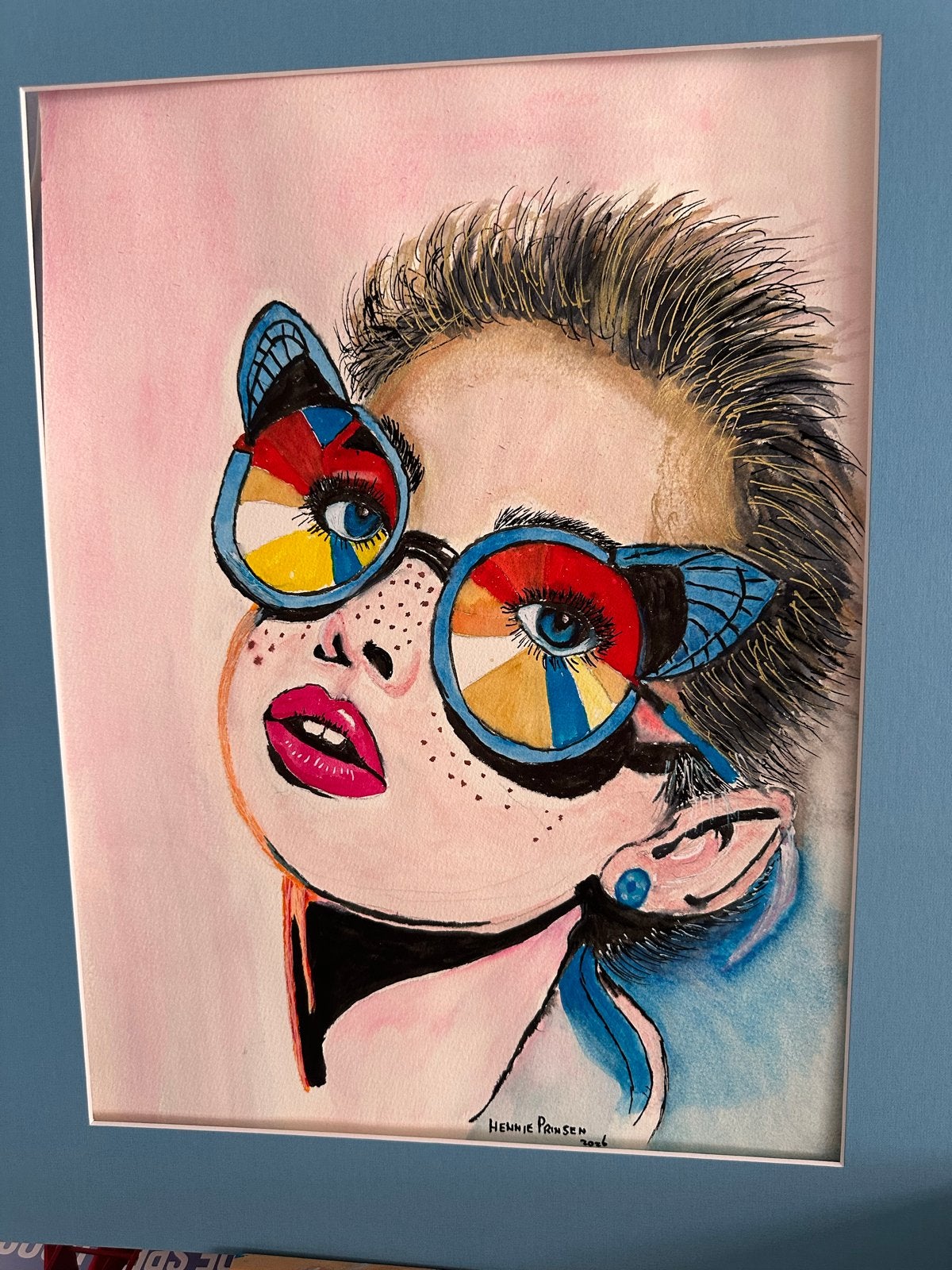 Levendige Aquarel: Vrouw met Vlinderbril, Aquarel, Papier/karton, Ophalen of Verzenden, Gesigneerd