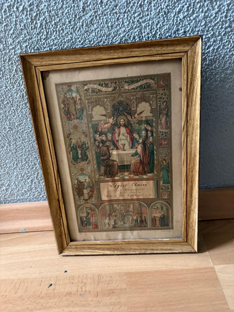 Originele ingelijste antieke communieprent uit 1908, Antiek en Kunst, Antiek | Religie, Ophalen of Verzenden