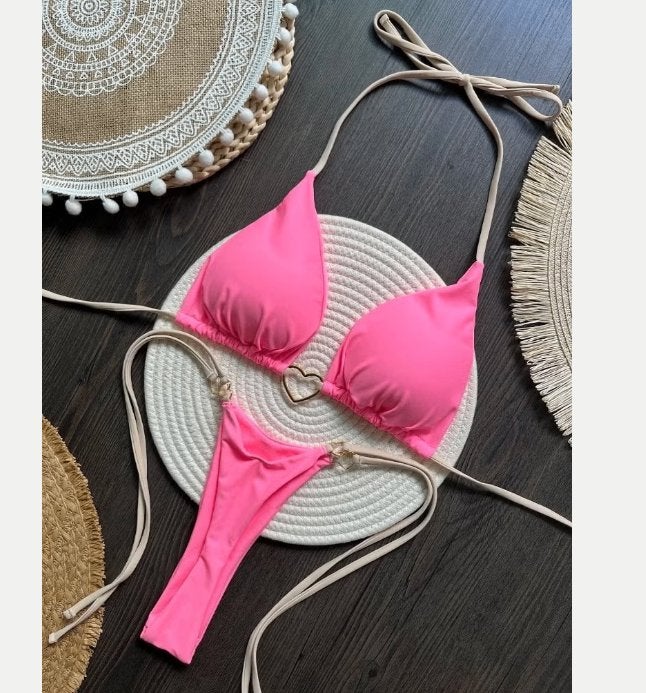 Sexy halter bikini in effen kleuren tweedelig met hartje, Ophalen of Verzenden, Nieuw, Bikini