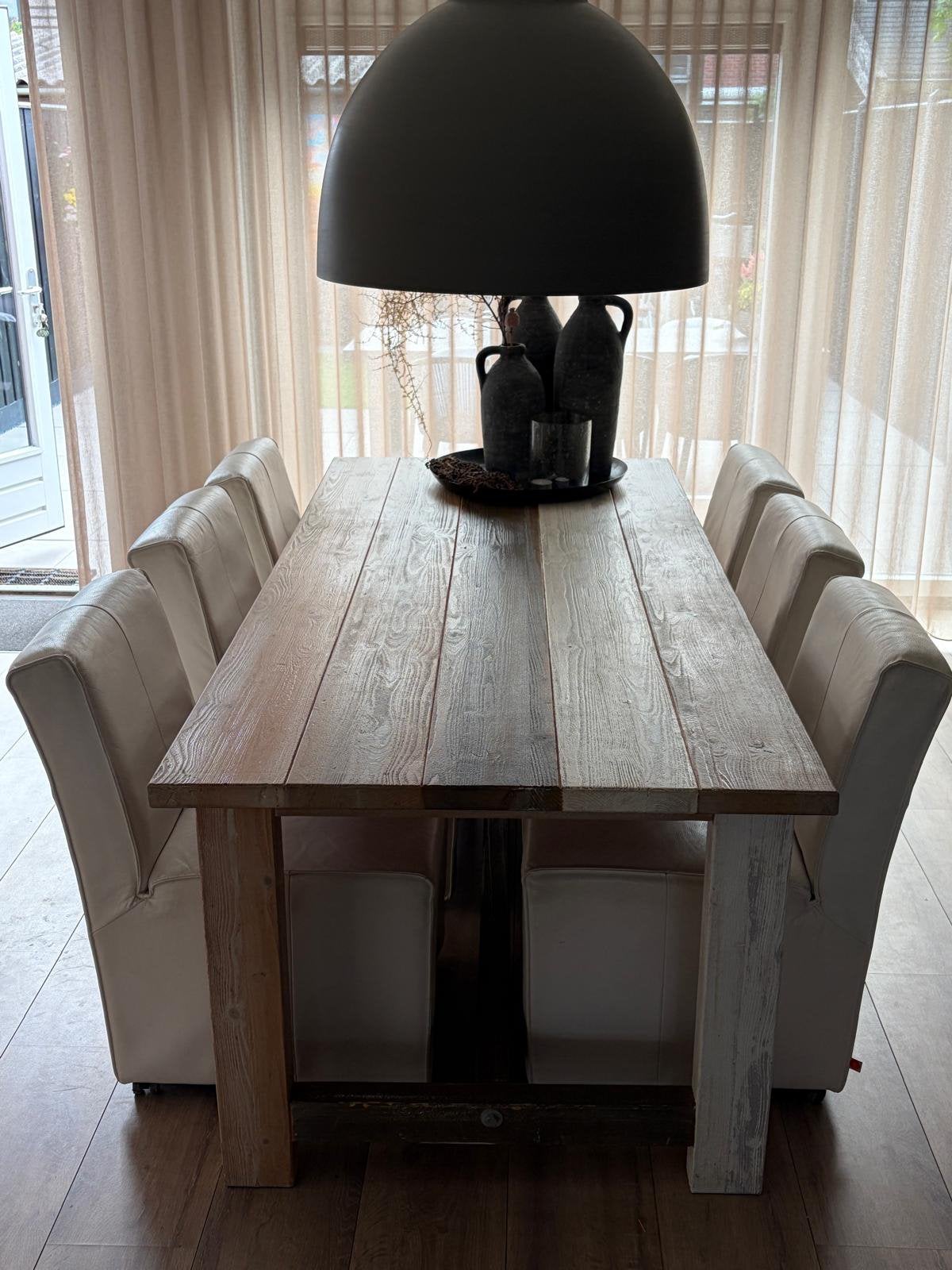 Eethoek met 6 leren stoelen, Ophalen, Zo goed als nieuw, 4 tot 6 stoelen