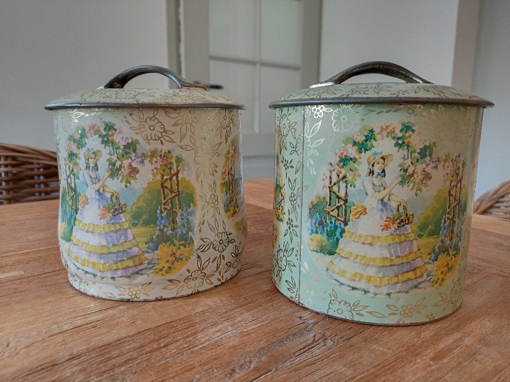 2 oude koek/thee blikken Victoriaanse print dame, Ophalen of Verzenden, Gebruikt, Overige