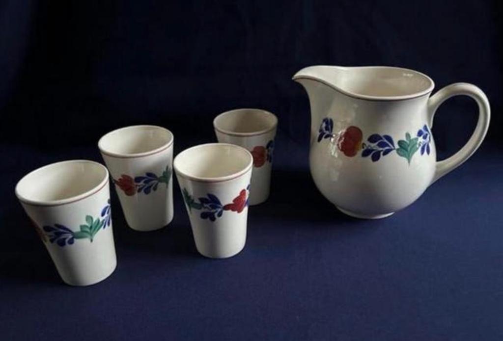 Boerenbont melkkan met bekers, Huis en Inrichting, Keuken | Servies, Gebruikt, Overige typen, Ophalen of Verzenden, Aardewerk