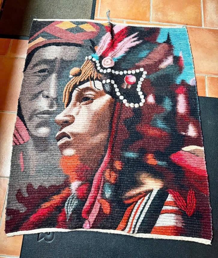 Handgemaakt wandkleed met Indianen uit Equador, 120 cm, Textiel, 95 cm, Ophalen of Verzenden