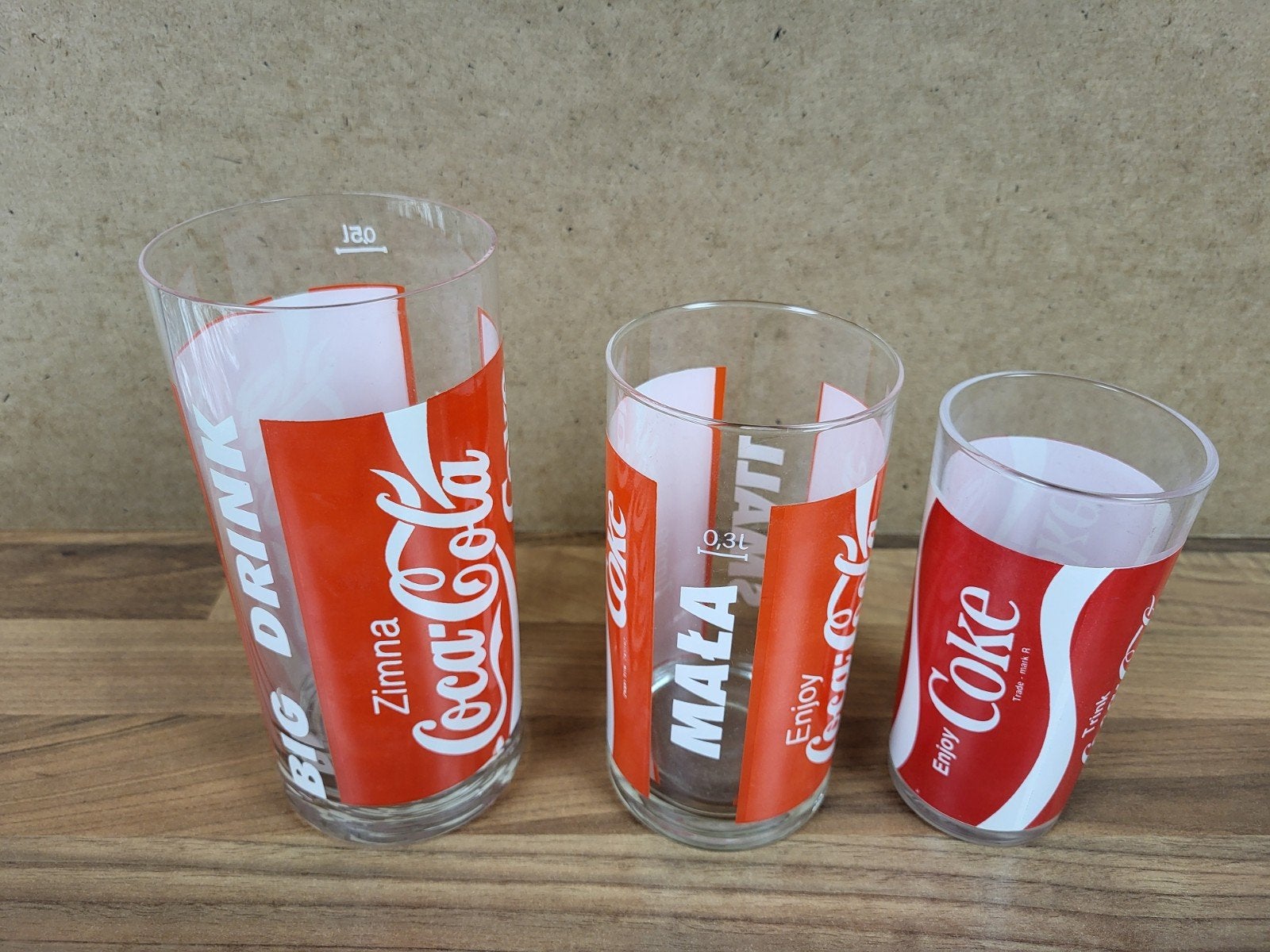 Set van 3 Vintage Coca-Cola Glazen - Big Drink, Mała, Coke, Vintage, Gebruikt, Meerkleurig, Ophalen of Verzenden