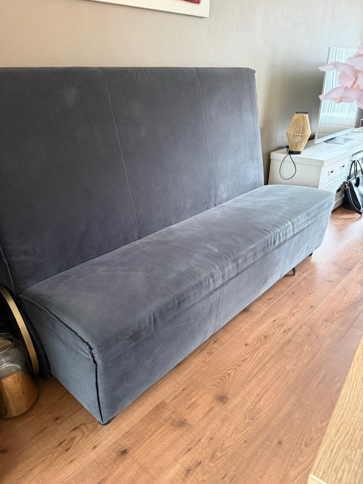 Comfortabele eetkamerbank - Grijs stof, Gebruikt, Minder dan 75 cm, Driepersoons, Ophalen of Verzenden