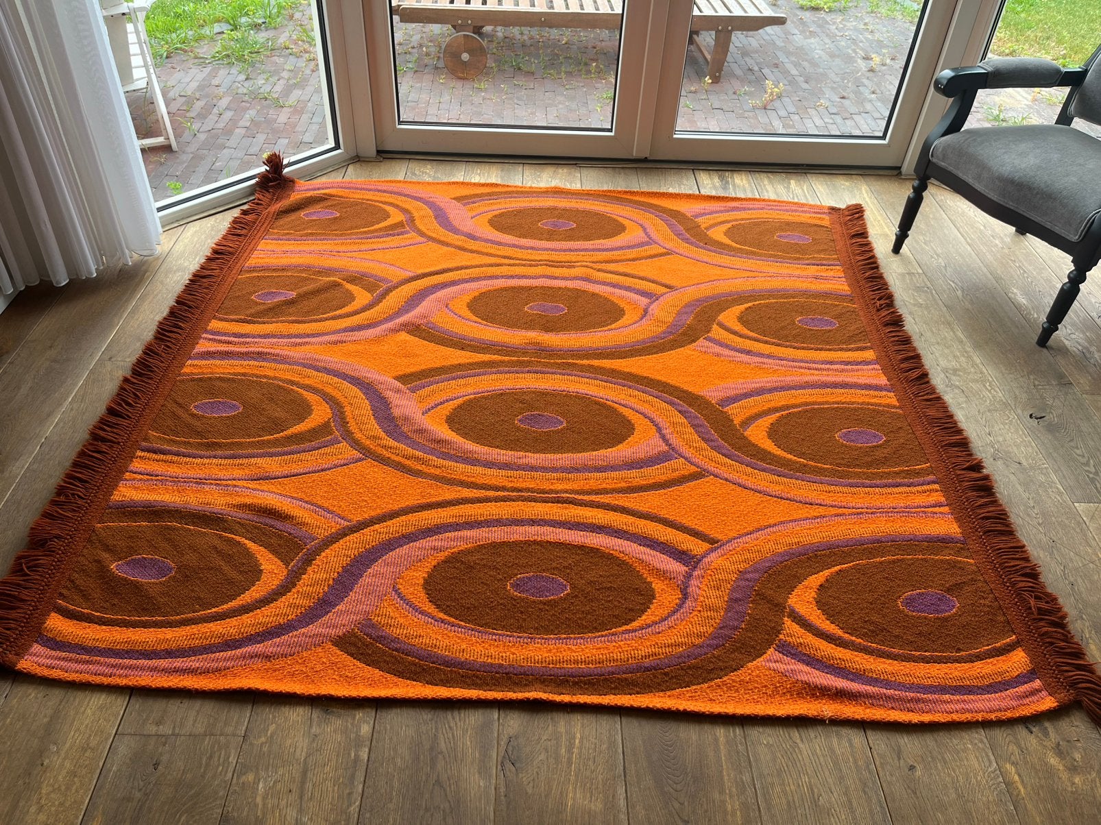 Vintage AaBe Dralon Deken Oranje/Bruin - 210x200 cm, Tweepersoons, Oranje, Ophalen of Verzenden, Deken of Dekbed
