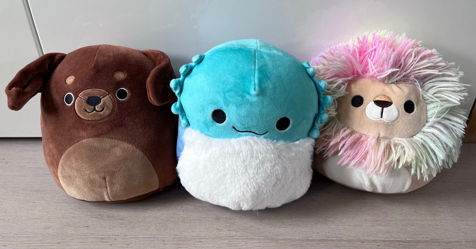 3 Squishmallows Knuffels - Hond, Zeemonster en Leeuw, Zo goed als nieuw, Middelgroot (20 tot 80 cm), Hond, Ophalen of Verzenden